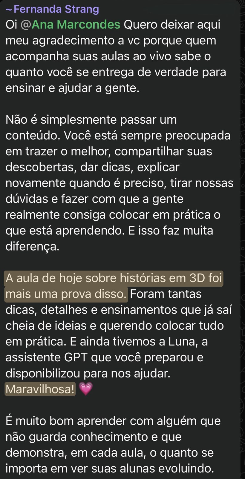 Depoimento de aluna